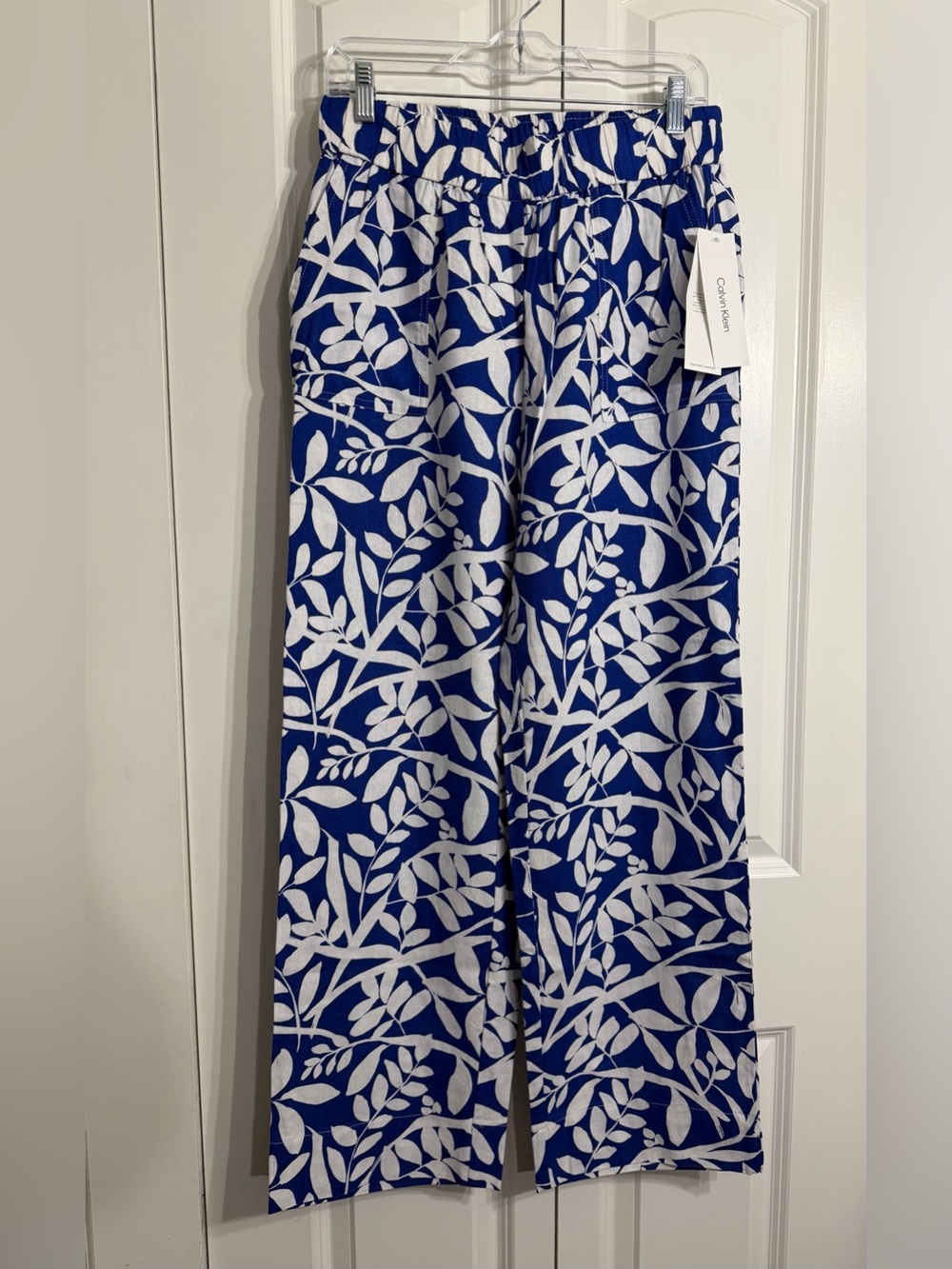 Calvin Klein Women's Blue & White Botanical Print Elastic Waist Pants Size S
